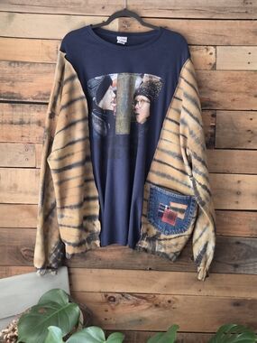 Upcycled Navy Graphic & Tan Tie-Dye Sleeve Sweatshirt